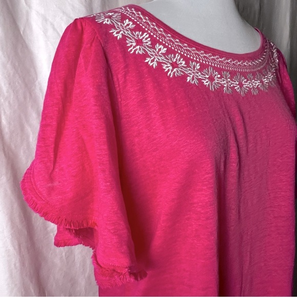 Chico’s | Pink Linen Embroidered Fringe Flutter Sleeve Top, Size 2 (Large) - Picture 5 of 8